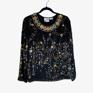 Jennifer Women's Black Beaded Sequin Jewel Embellished Silk Blouse Size Medium
